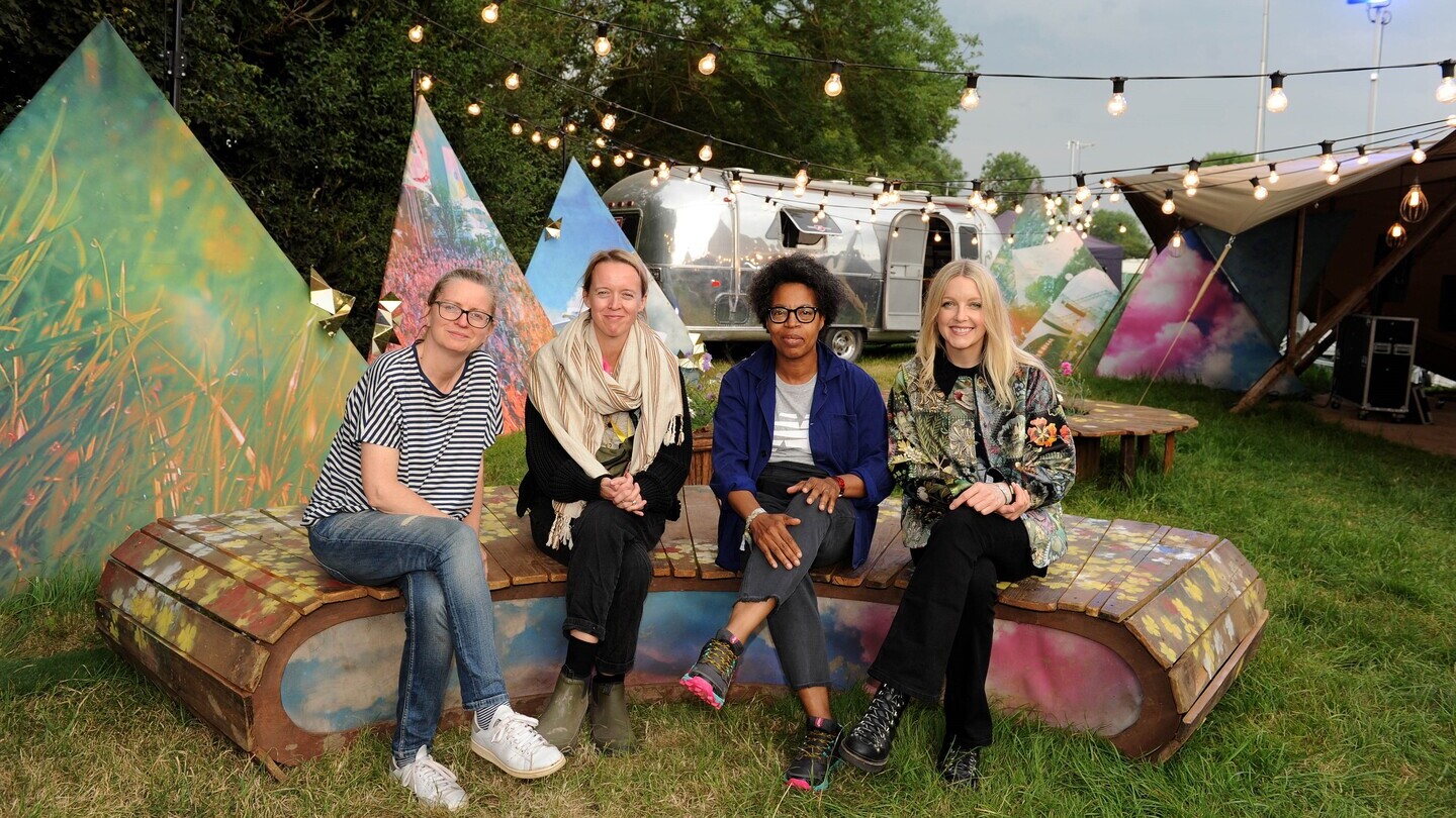 (L-R): Alison Howe, Emily Eavis, Lorna Clarke (BBC Director of Music), and Lauren Laverne at Glastonbury 2022